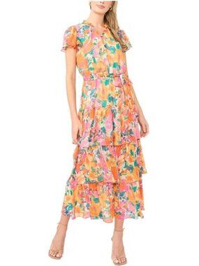 $89 Sam And Jess Women's Tiered Floral Flutter-Sleeve Maxi Dress Melon Size XL